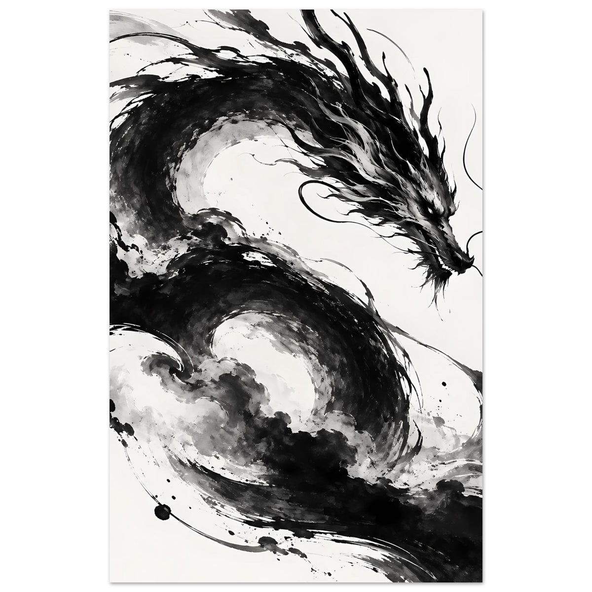 Drachenkunst-Poster im Schwarz-Weiß, vertikal: Drache mit geschwungenem Schweif und Linien