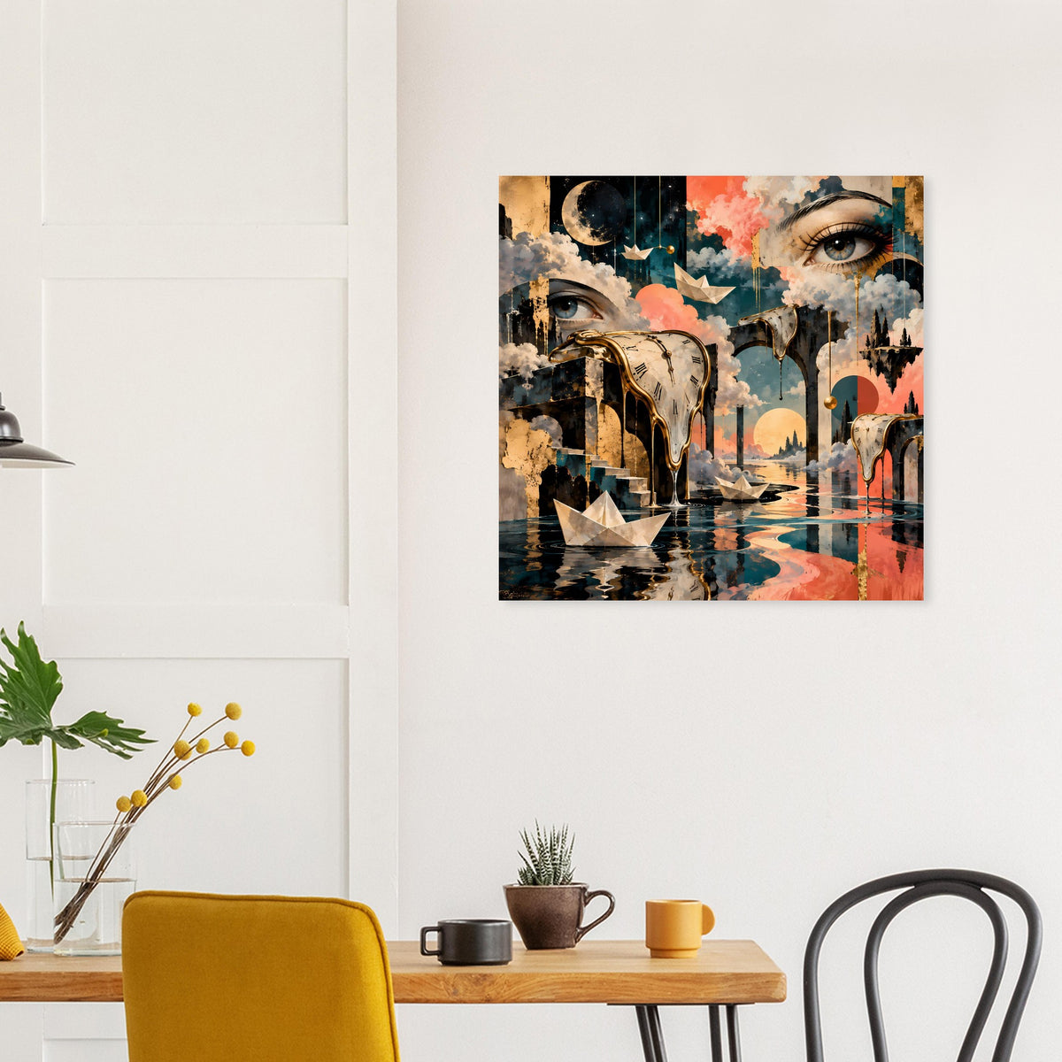 Surrealistisches Poster mit schmelzenden Uhren, zwei großen Augen und bunter Himmelslandschaft