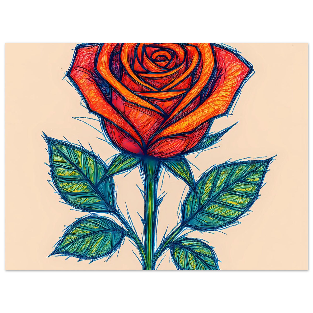 Rose-Poster im Skizzenstil: rote Blüte und grüne Blätter, rechte untere Ecke angeschnitten