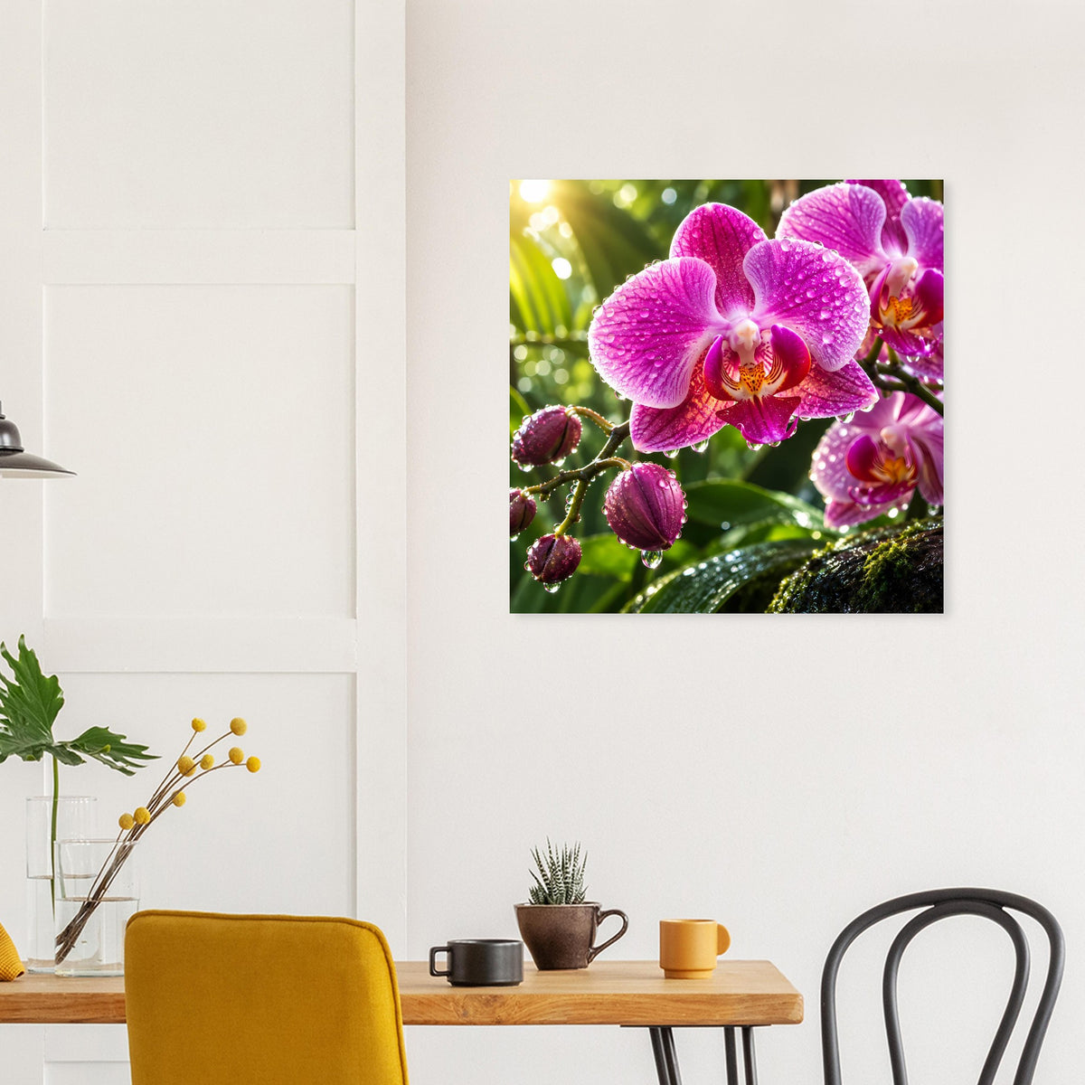 Quadratisches Poster mit pinken Orchideenblüten und perlenden, glitzernden Wassertropfen