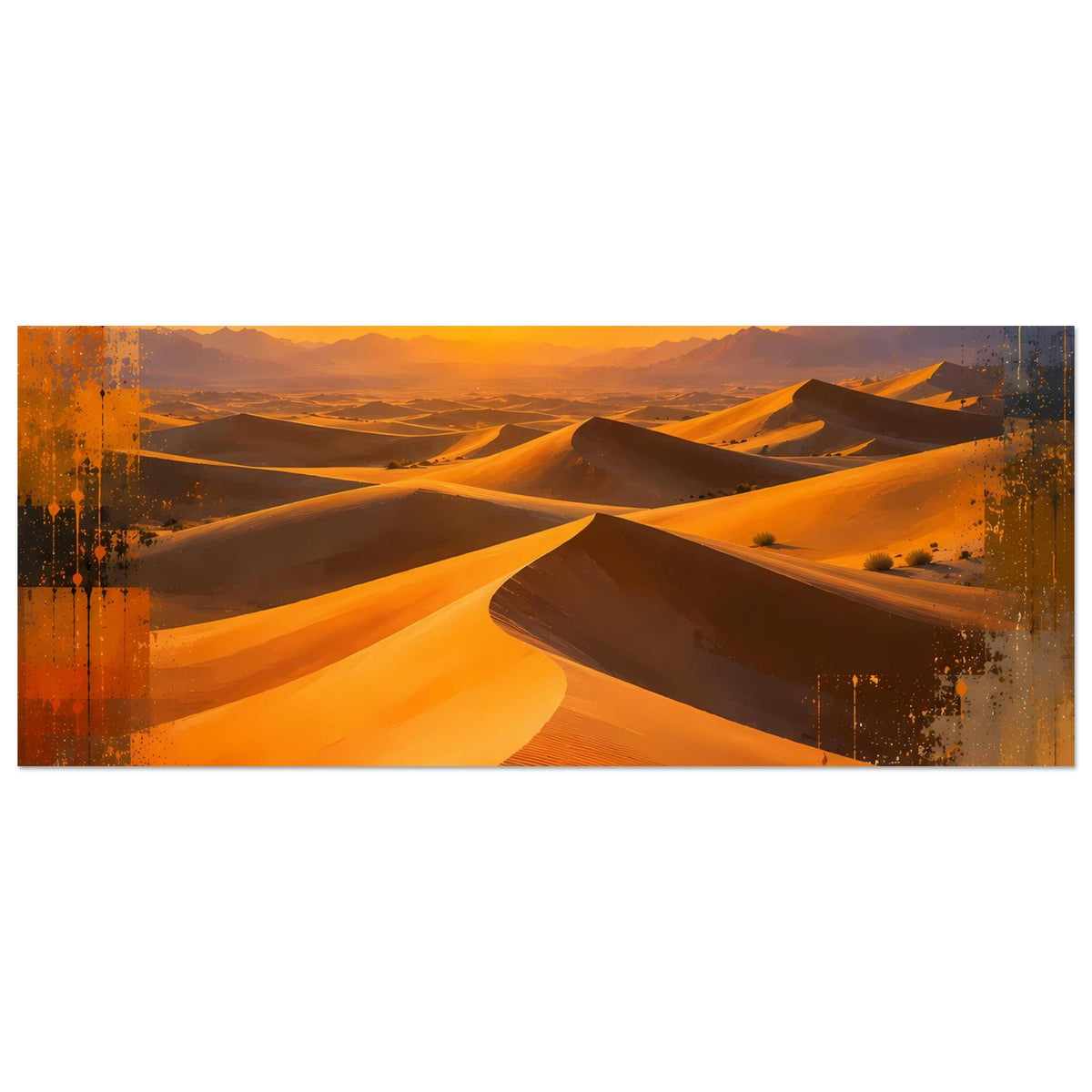 Wandposter horizontal: Dünenlandschaft zum Sonnenuntergang, warmes Orange, abstrakte Farbflecken