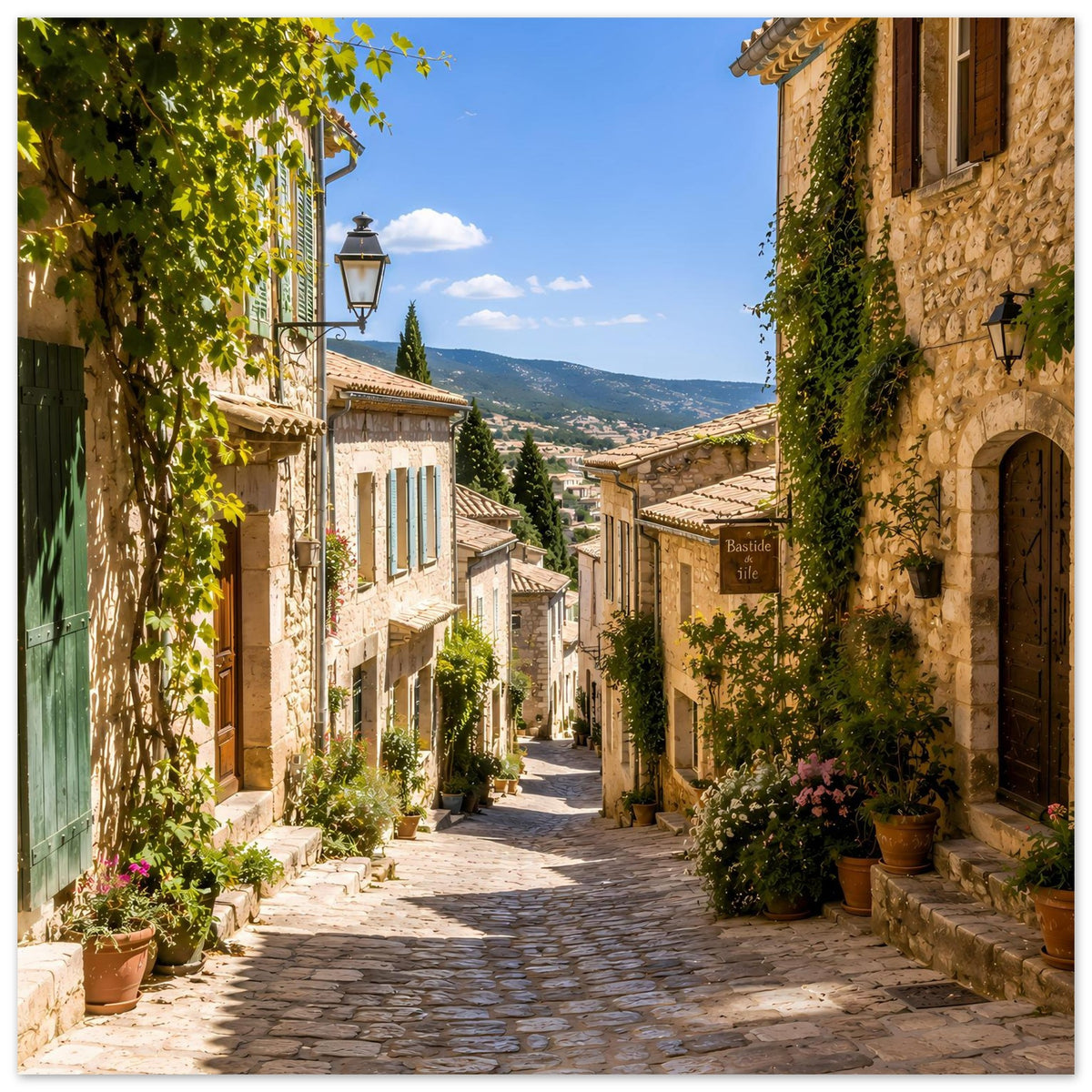 Mediterranes Straßenposter mit Häusern im Talblick, Efeuranken, Kübeln und Laterne