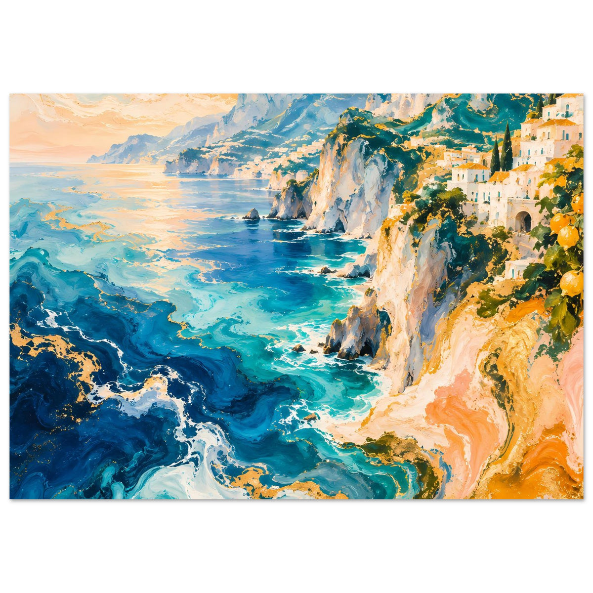 Horizontales Küstenposter: türkisblaues Meer, weiße Klippen und Häuser am Hang