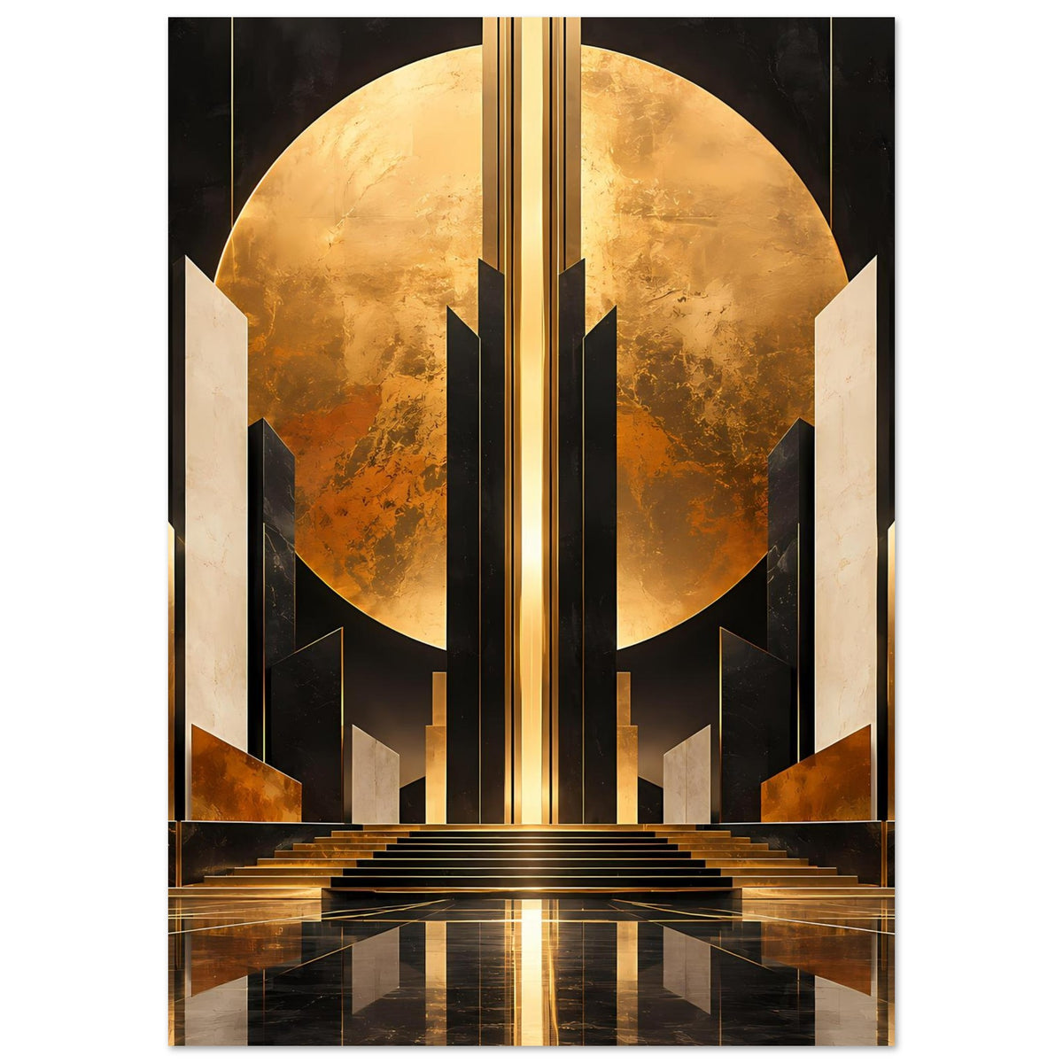 Art-Déco-Poster mit goldener Mondscheibe, schwarzen Formen und symmetrischer Architektur