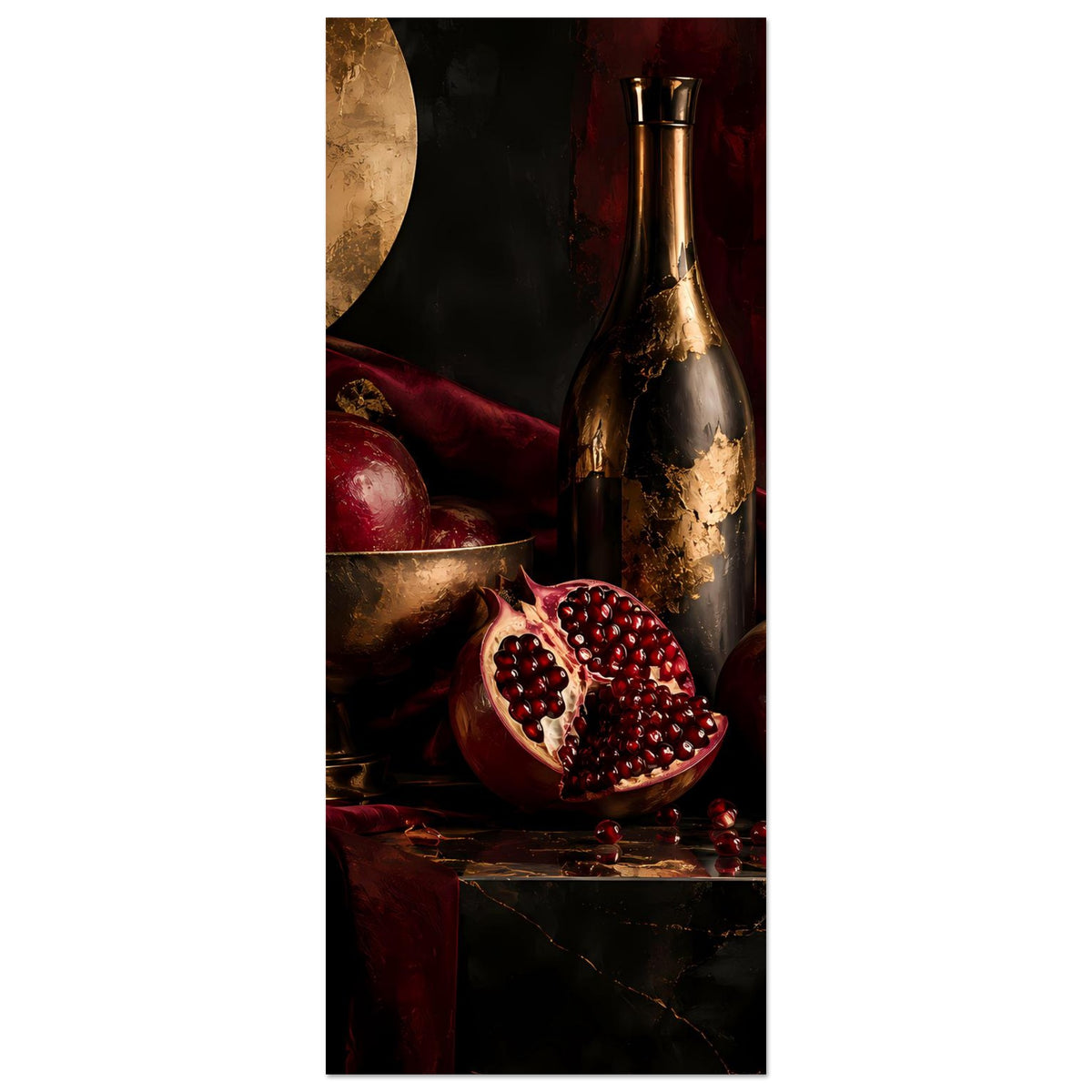 Poster, Ausschnitt: Granatäpfel, goldene Schale und Flasche auf dunklem Tischstillleben