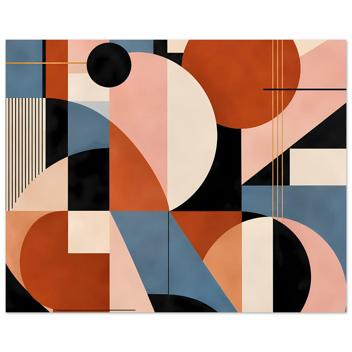 Abstraktes Geometrie-Poster mit großem hellem Kreis, schwarzem Punkt und Linien in Terrakotta & Blau