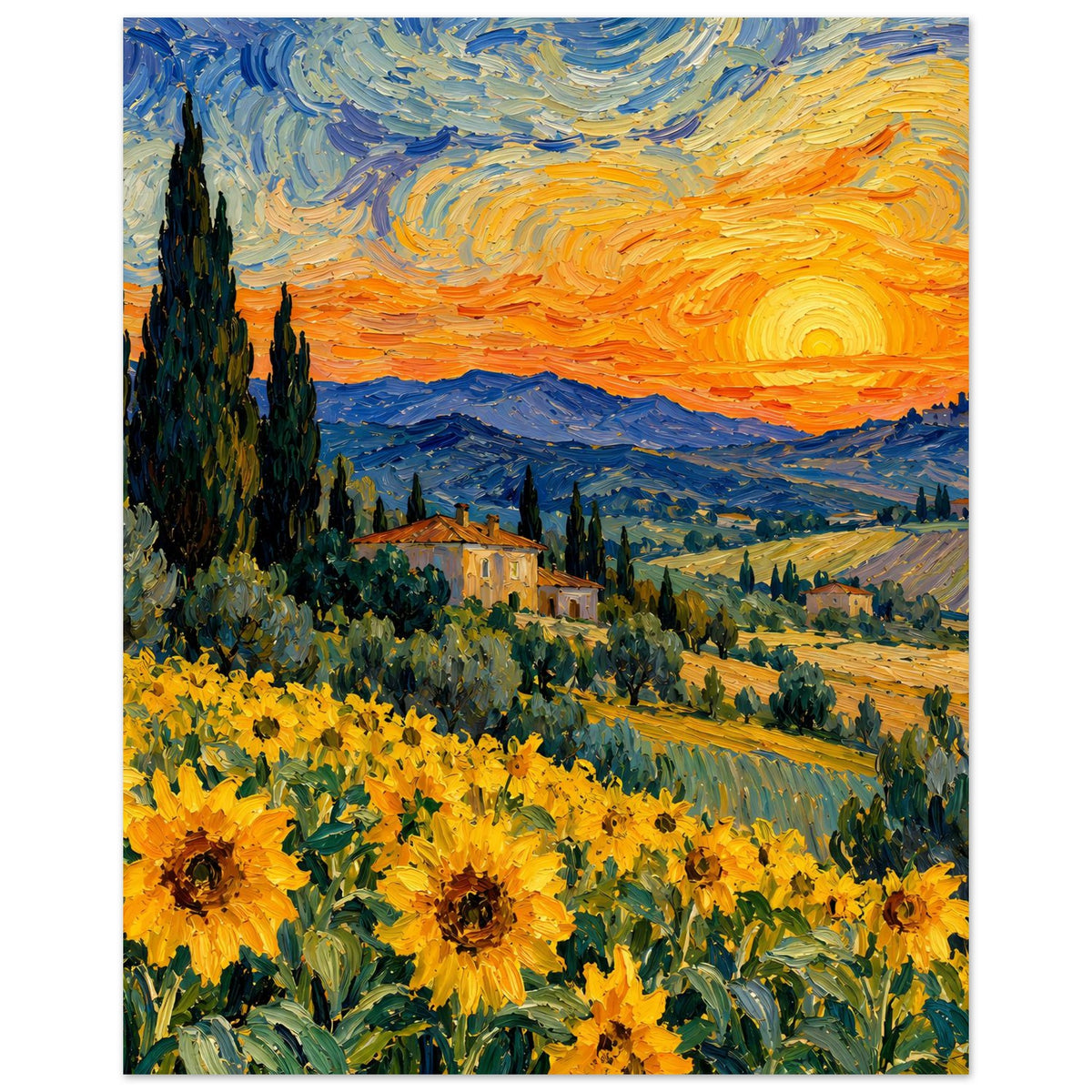 Kunstposter mit Sonnenblumenfeld und ländlicher Hügellandschaft, orangefarbene Sonne rechts