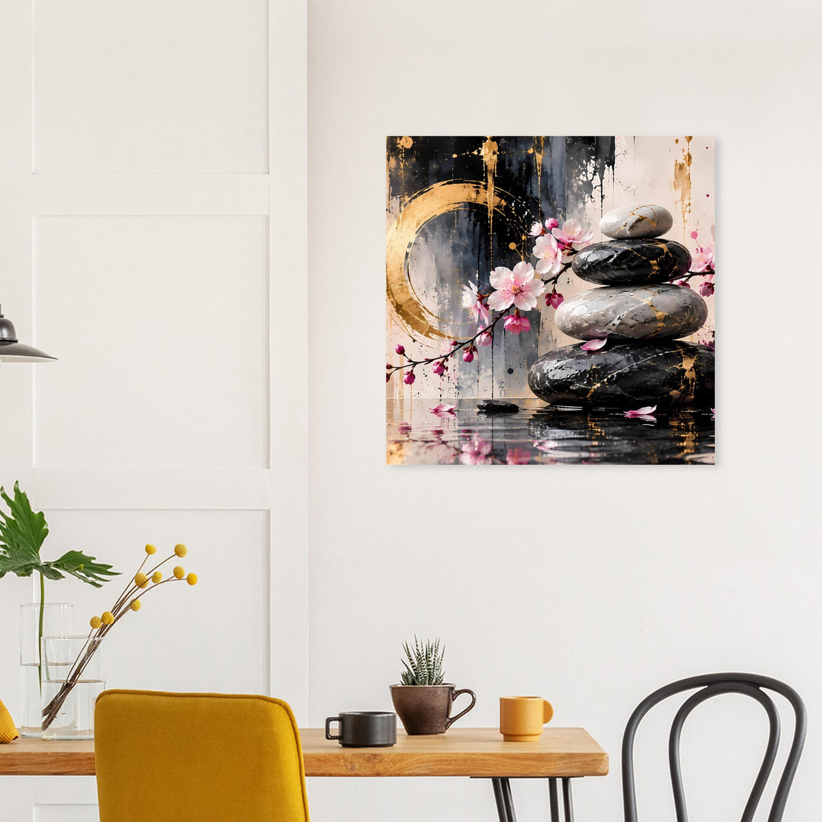 Poster mit Zen-Steinsäule, rosa Kirschblüten und goldener Kreislinie