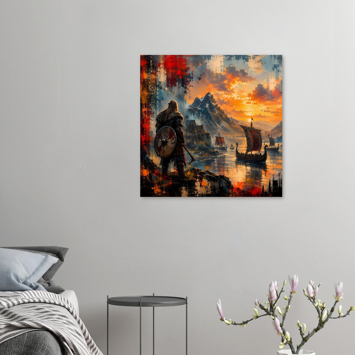 Viking-Saga-Poster: Wikingerkrieger und Langschiffe beim Sonnenuntergang, abstrakte Textur in Rot-Blau