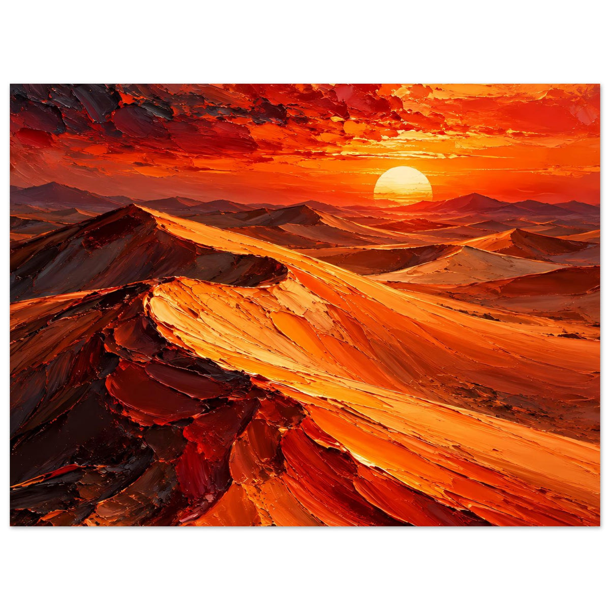 Horizontales Poster: Sonnenuntergang über Wüste, rote Dünen mit orangefarbenem Schein
