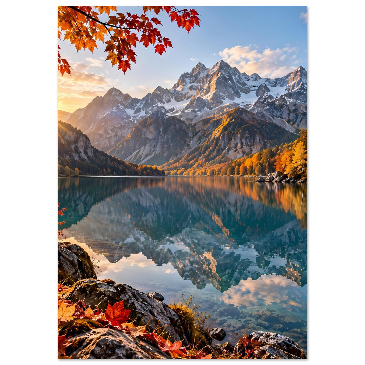 Herbstlandschafts-Poster mit Bergkette, spiegelndem See und Herbstlaub über dunklem Fels