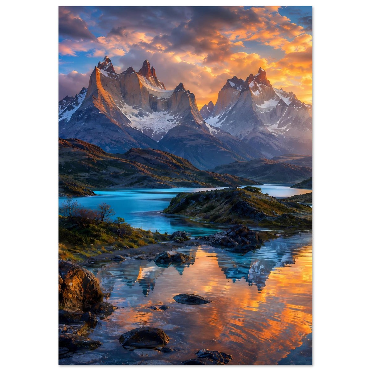 Wandposter mit Bergpanorama bei Abendrot, Bachlauf, Schotterufer und dramatischer Wolkenhimmel.