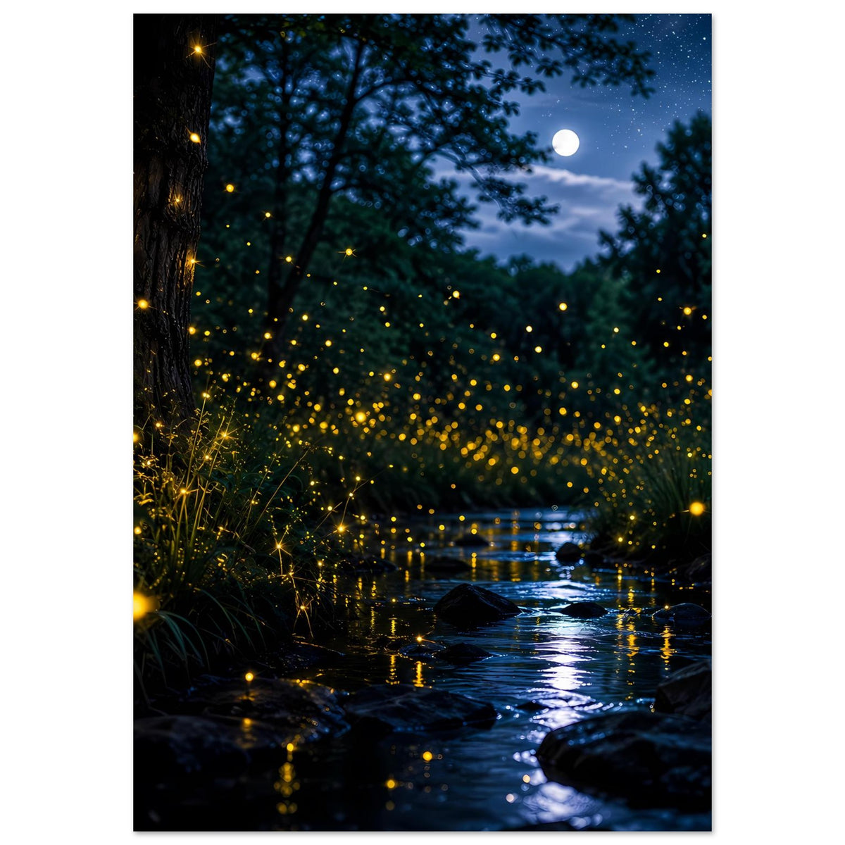 Leuchtposter im Hochformat mit nächtlichem Fluss und goldenen Glühwürmchen am Ufer