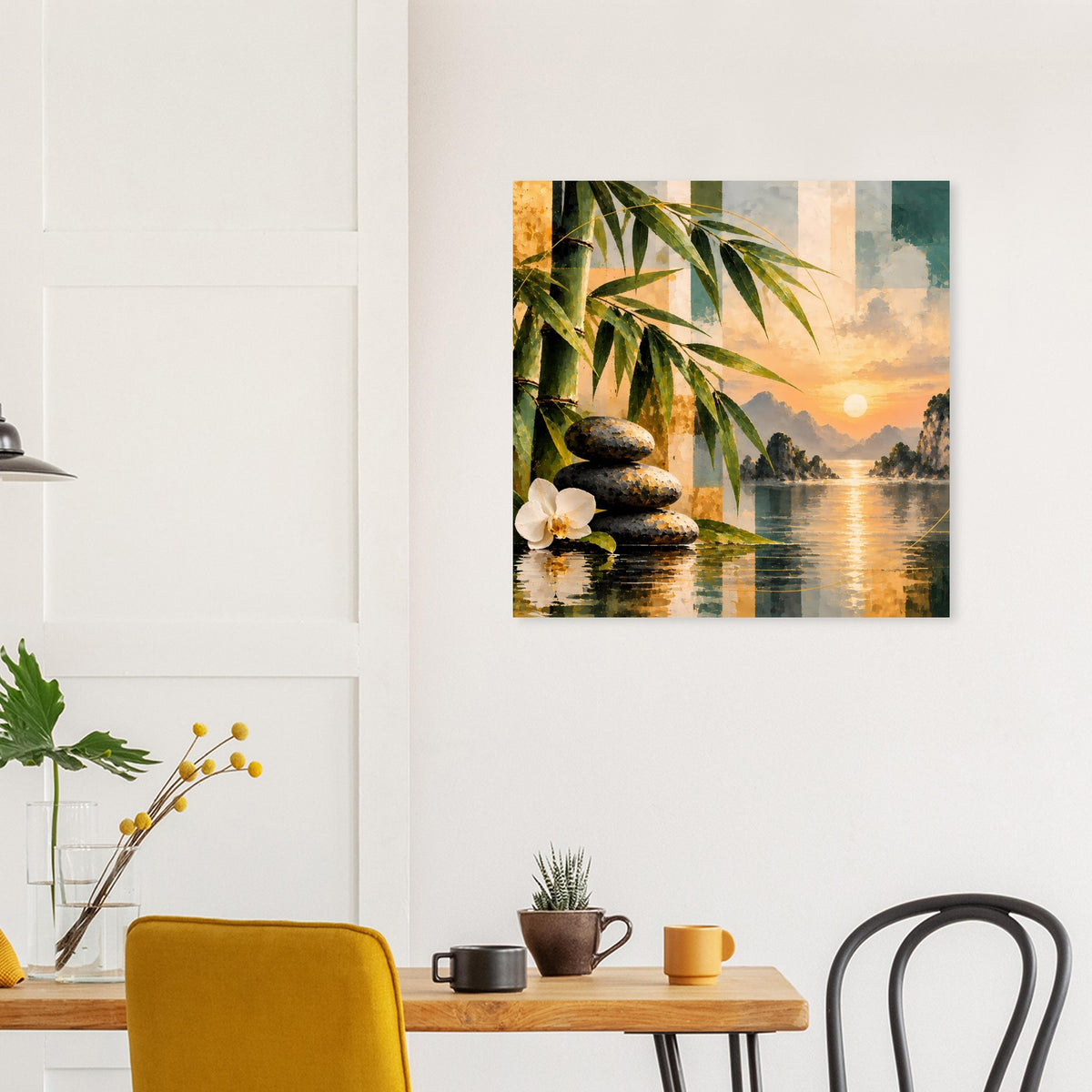 Wandposter mit Sonnenuntergang über dem See, Bambus- und Steinsäulen-Darstellung