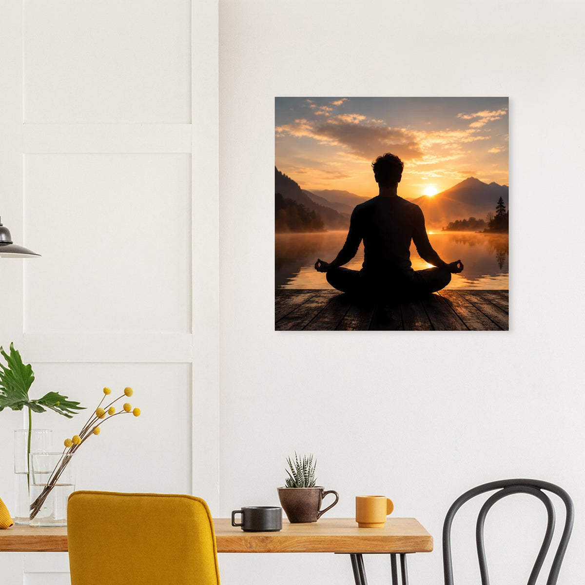 Wandposter mit Meditationsfigur vor Sonnenuntergang, warmes Licht und Berge
