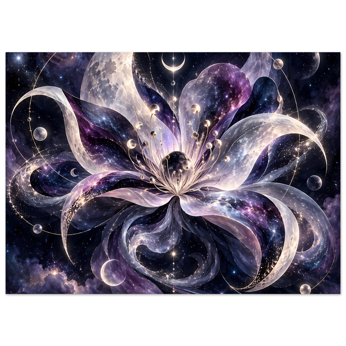 Kosmische Blüte mit Monden, Planeten und Sternen in violett-blauem Weltraum – Motivansicht 45