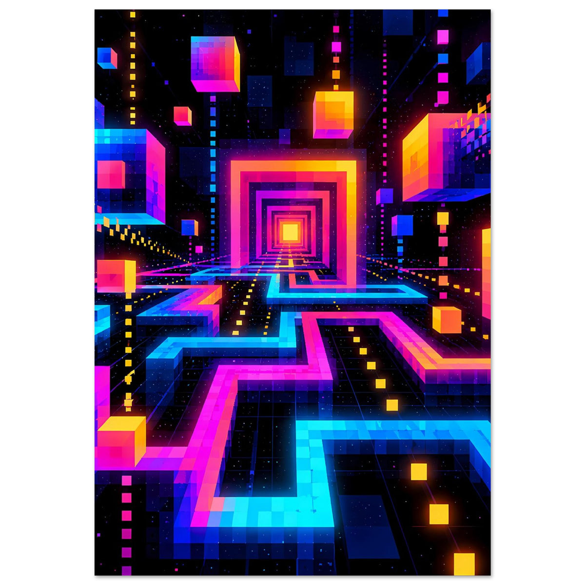Buntes Neon-Science-Fiction-Poster mit perspektivischem Labyrinth und symmetrischem Zentrum