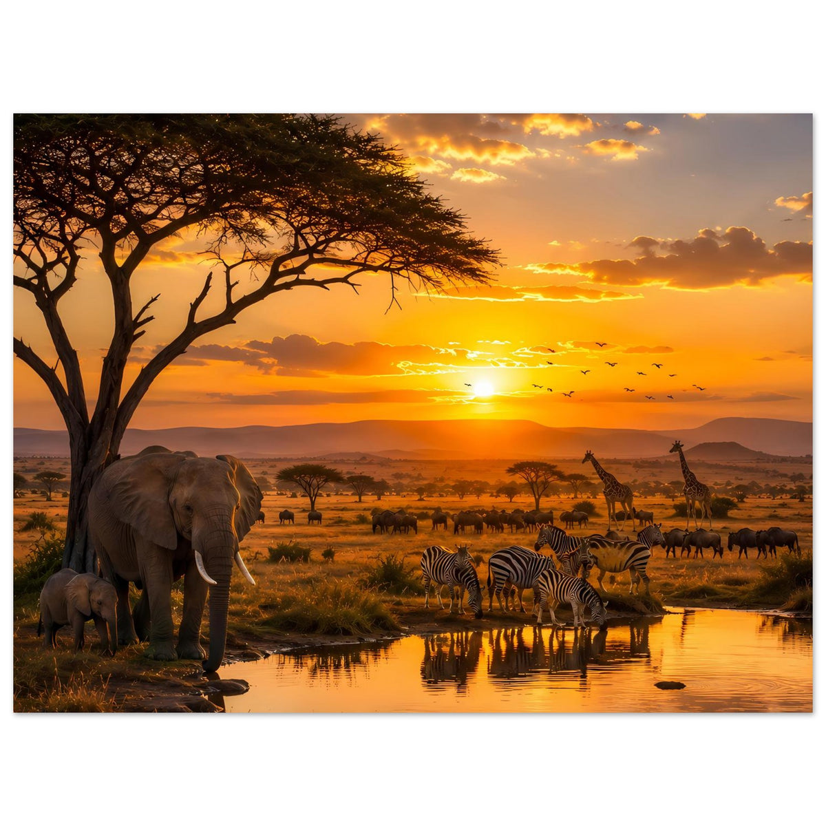 Poster: Zebras am Wasserloch neben Elefanten, goldene Savanne und aufgehende Sonne