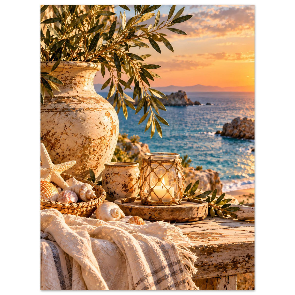 Kunstdruck Hochformat mit Urne, Seestern, Muscheln, geflochtener Leuchte und Olivenzweigen