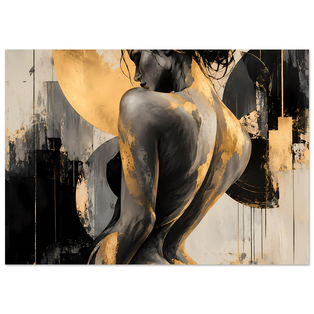 Abstraktes Poster mit Akt-Figur, goldenen und schwarzen Akzenten, dynamische Pinselstriche