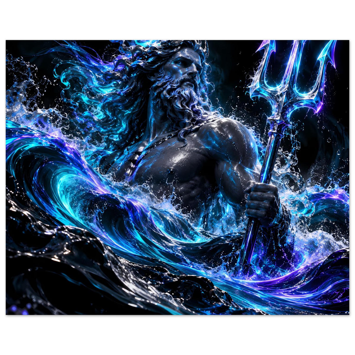 Poster im Querformat mit Poseidon-Motiv: blau leuchtende Wellen, Dreizack, Wasserfunken