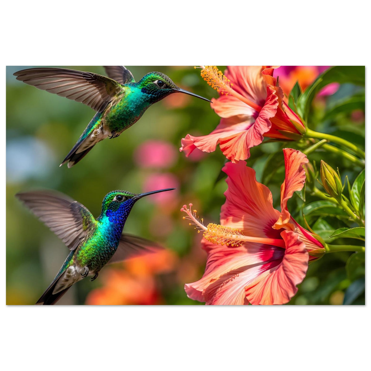 Poster mit zwei Kolibris und leuchtenden Hibiskusblüten in Orange und Rot