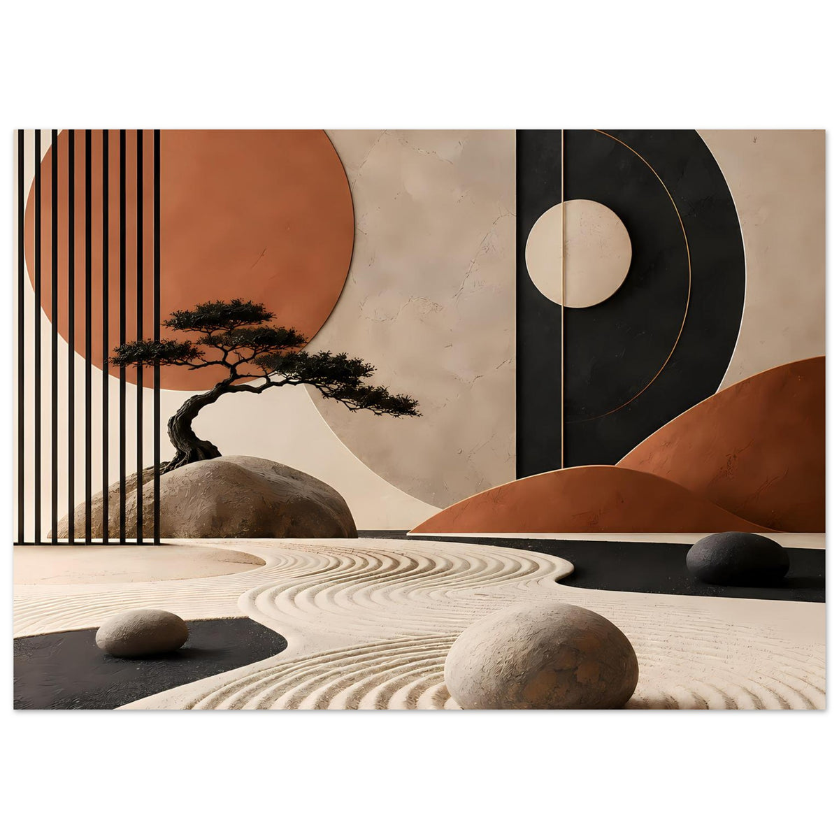 Rechteckiges Poster mit Baum-Silhouette über geschwungenen Sandlinien und geometrischen Kreisen