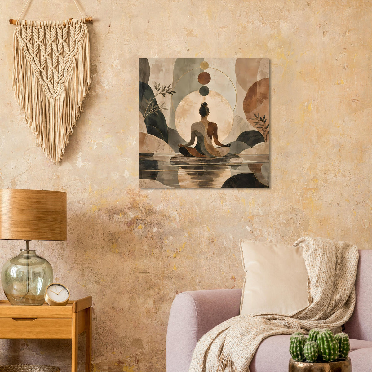 Quadratisches Kunstposter mit abstrakter sitzender Meditationssilhouette in Erdtönen