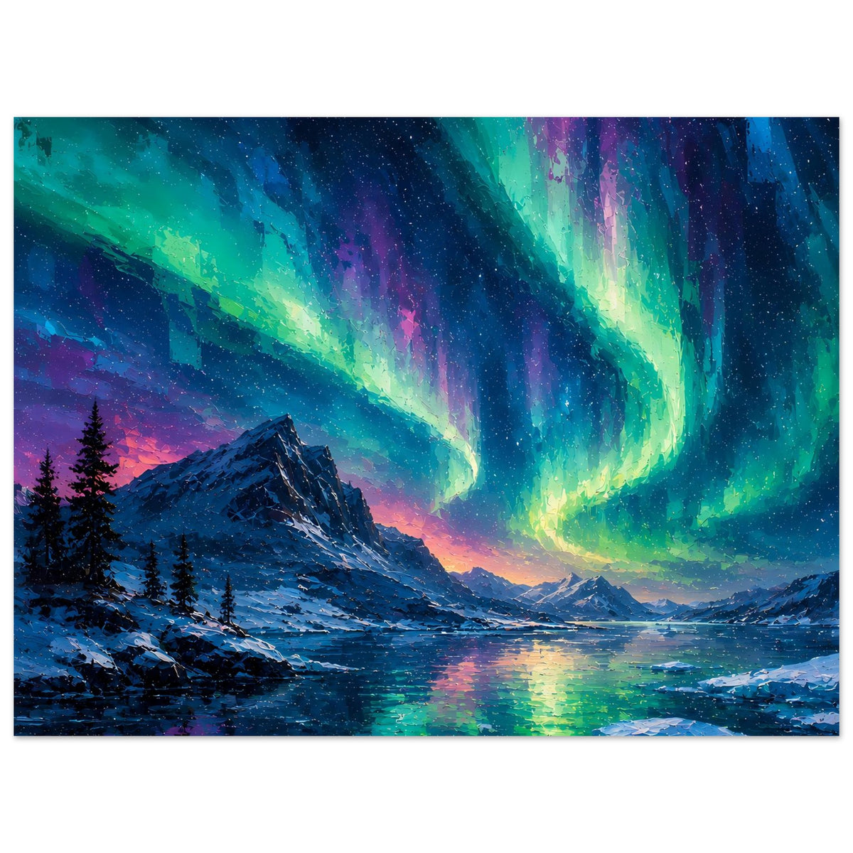 Kunstposter (horizontal) mit Nordlicht, verschneiten Felsen und glitzernden Wasserflächen