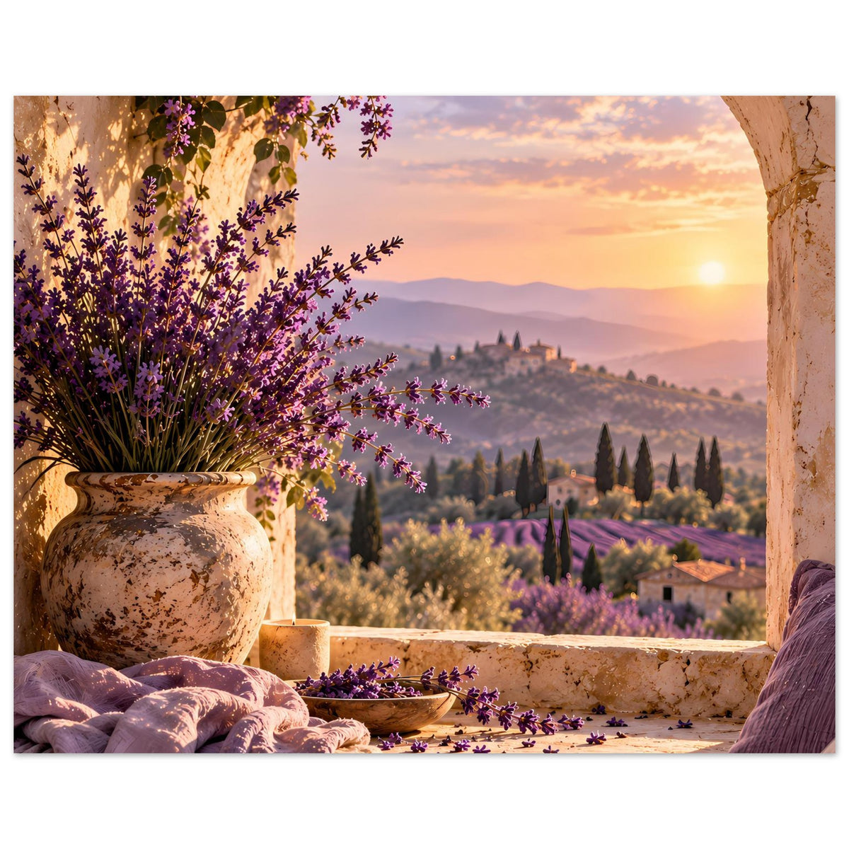 Kunstdruck: Lavendelblüten vor Steinvase, Sonnenuntergangslandschaft vom Balkonfenster
