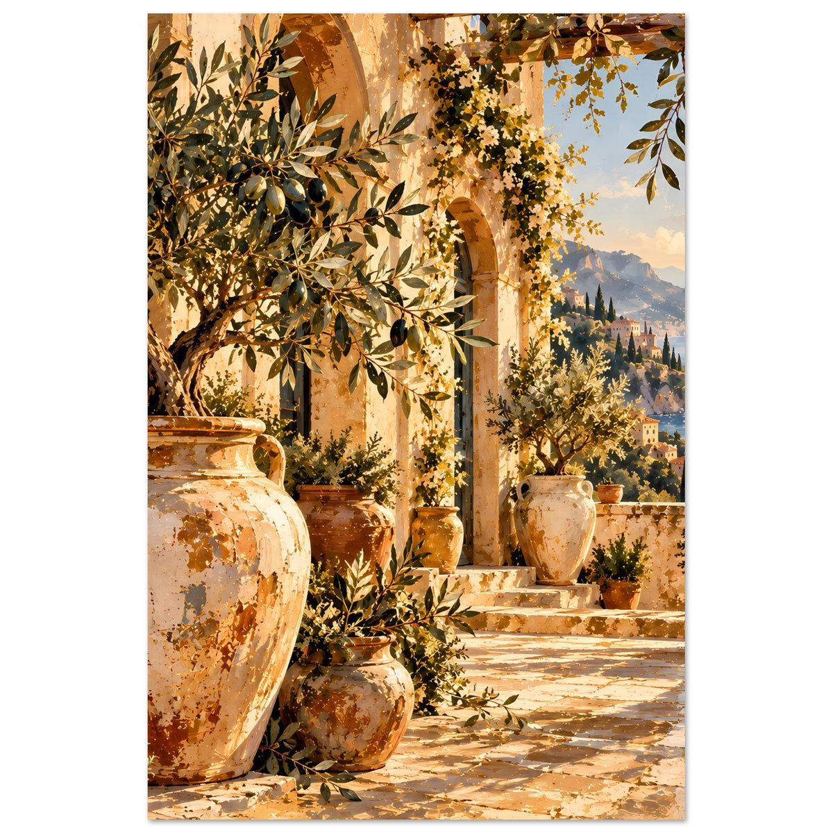 Kunstposter mit Terrassenweg, Olivenbaumzweigen und Terrakotta-Vasen in warmen Farbtönen