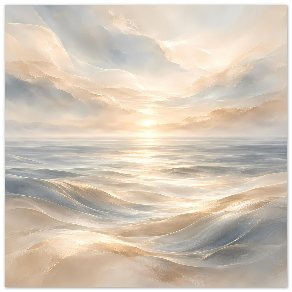 Ozeanwellen-Poster mit goldener Sonne am Horizont, sanfte Strömungen in Creme- und Grautönen