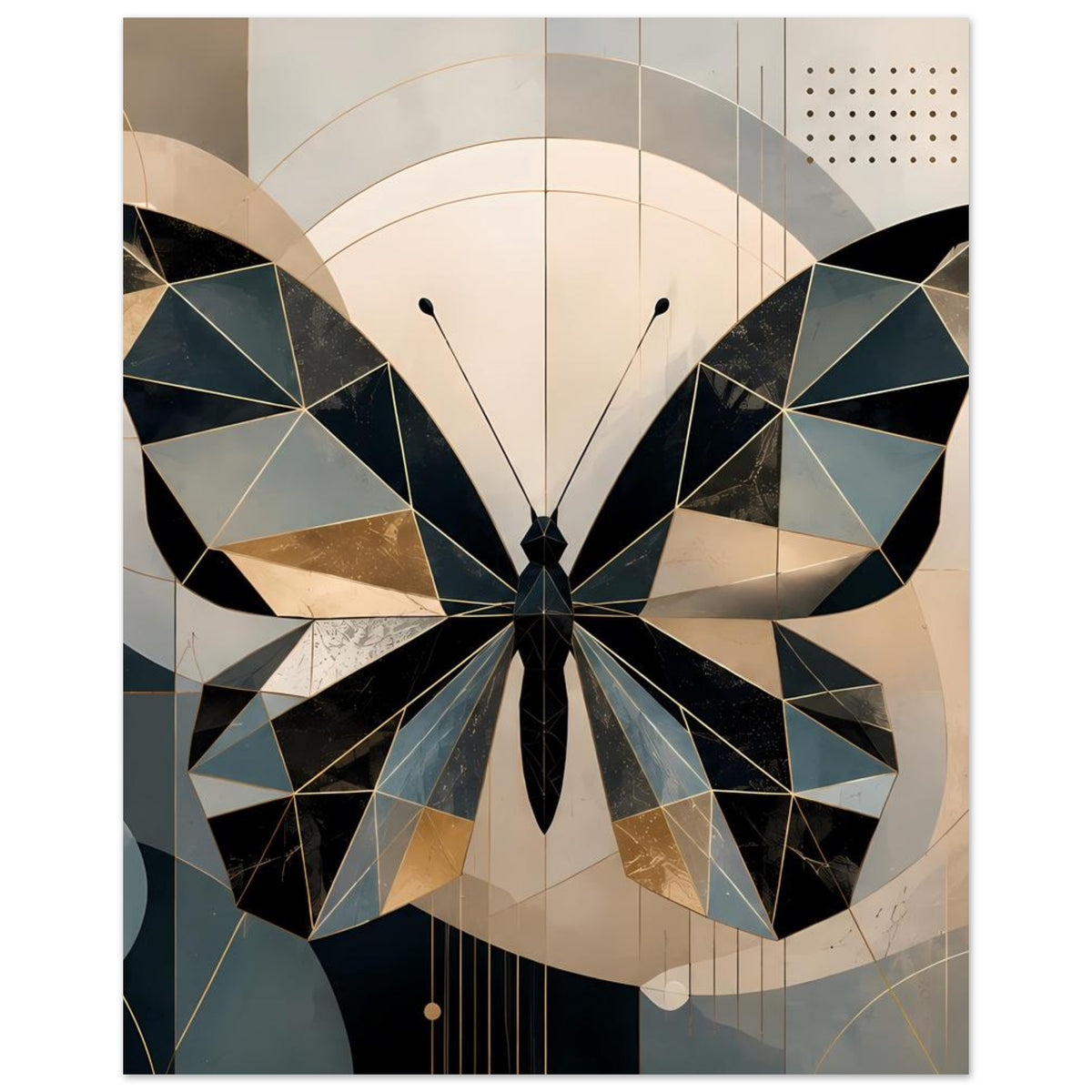 Geometrisches Schmetterlingsposter, zentrierter Schmetterling in Petrol, Gold und Schwarz, gerahmt