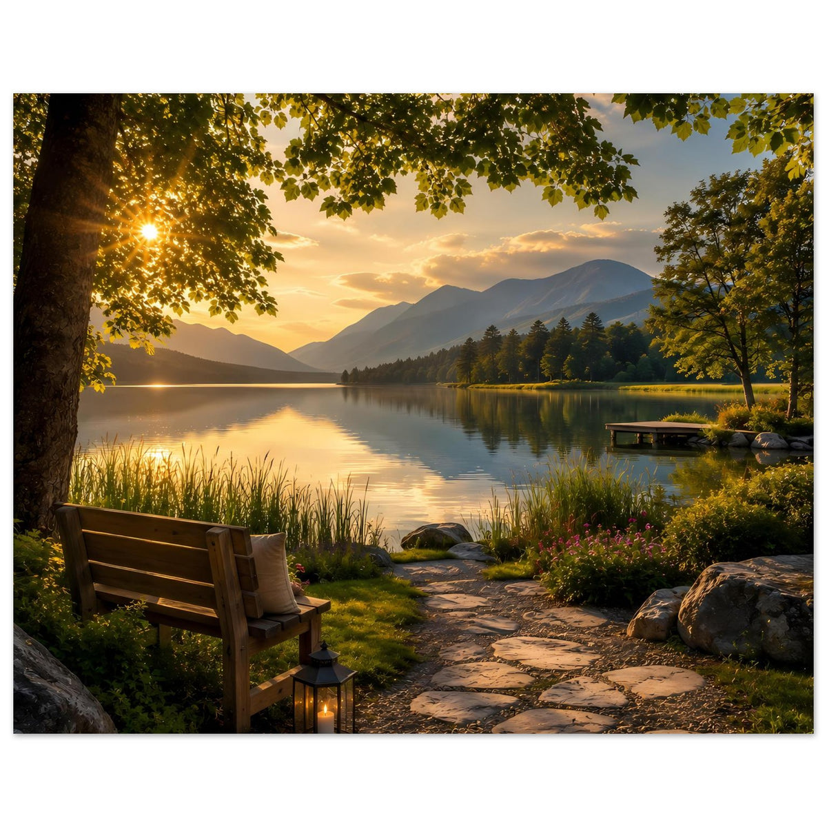 Landschafts-Poster mit Seeufer im Sonnenuntergang, Baum links, Bank, Steg und Laterne