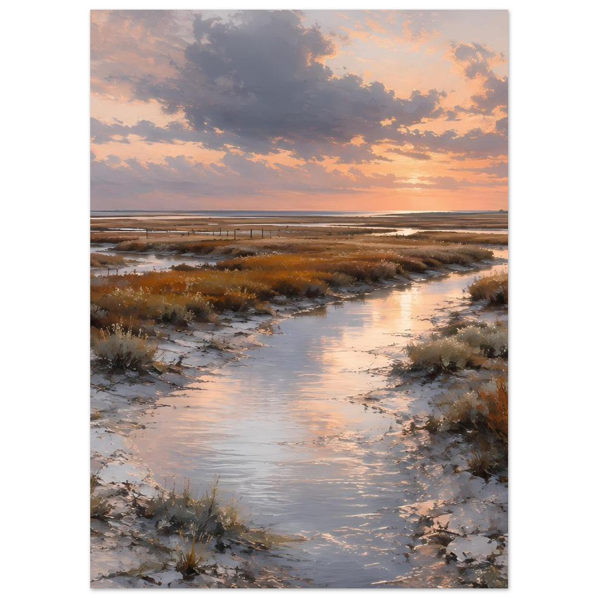 Wandposter Hochformat mit Leuchtturm an der Küste bei Sonnenuntergang, Dünen und Wasser