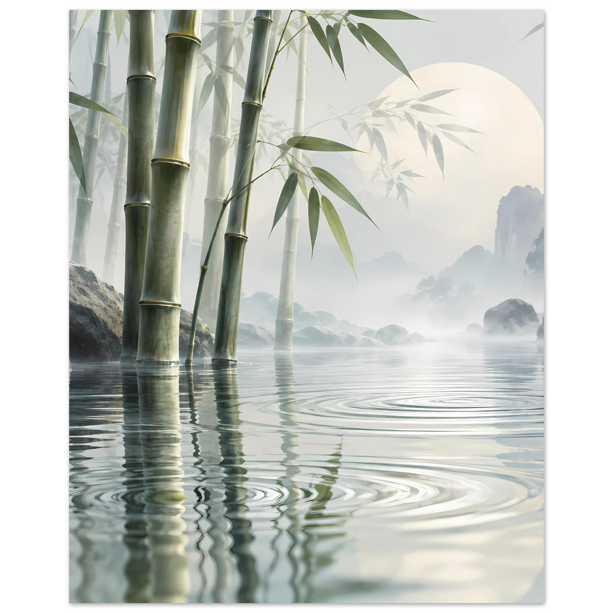 Poster mit Bambus und ruhigem Wasser, Wolkenhintergrund und silbrigen Spiegelungen