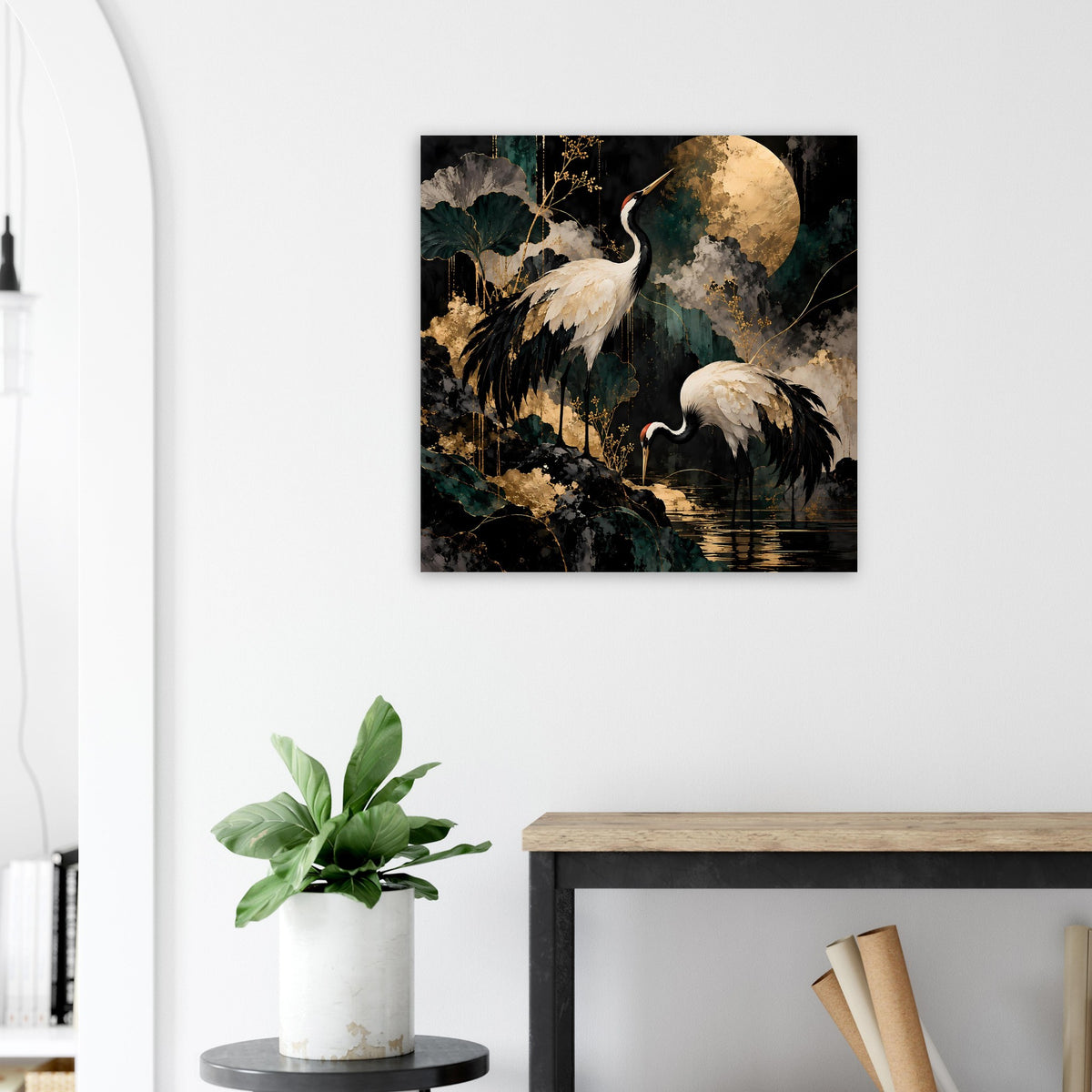 Wand-Kunstposter mit Kranichen, goldenem Mond und dunklem Pflanzenbild
