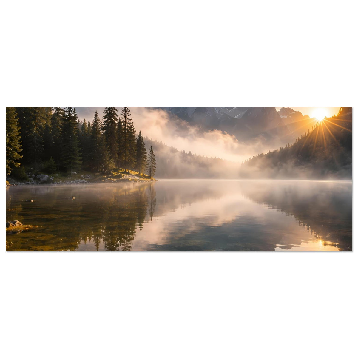 Horizontales Poster: Sonnenaufgang über See und Wald mit Bergen im Hintergrund, mattes Papier