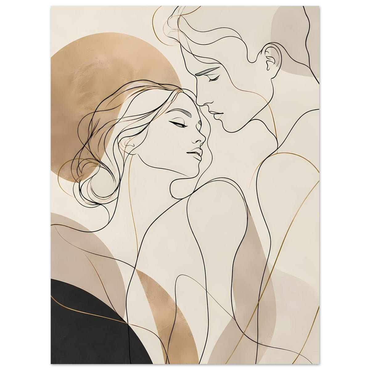 Minimalistisches Linienkunst-Poster, Fokus auf Gesichter und Oberkörper zweier Figuren in Erdtönen