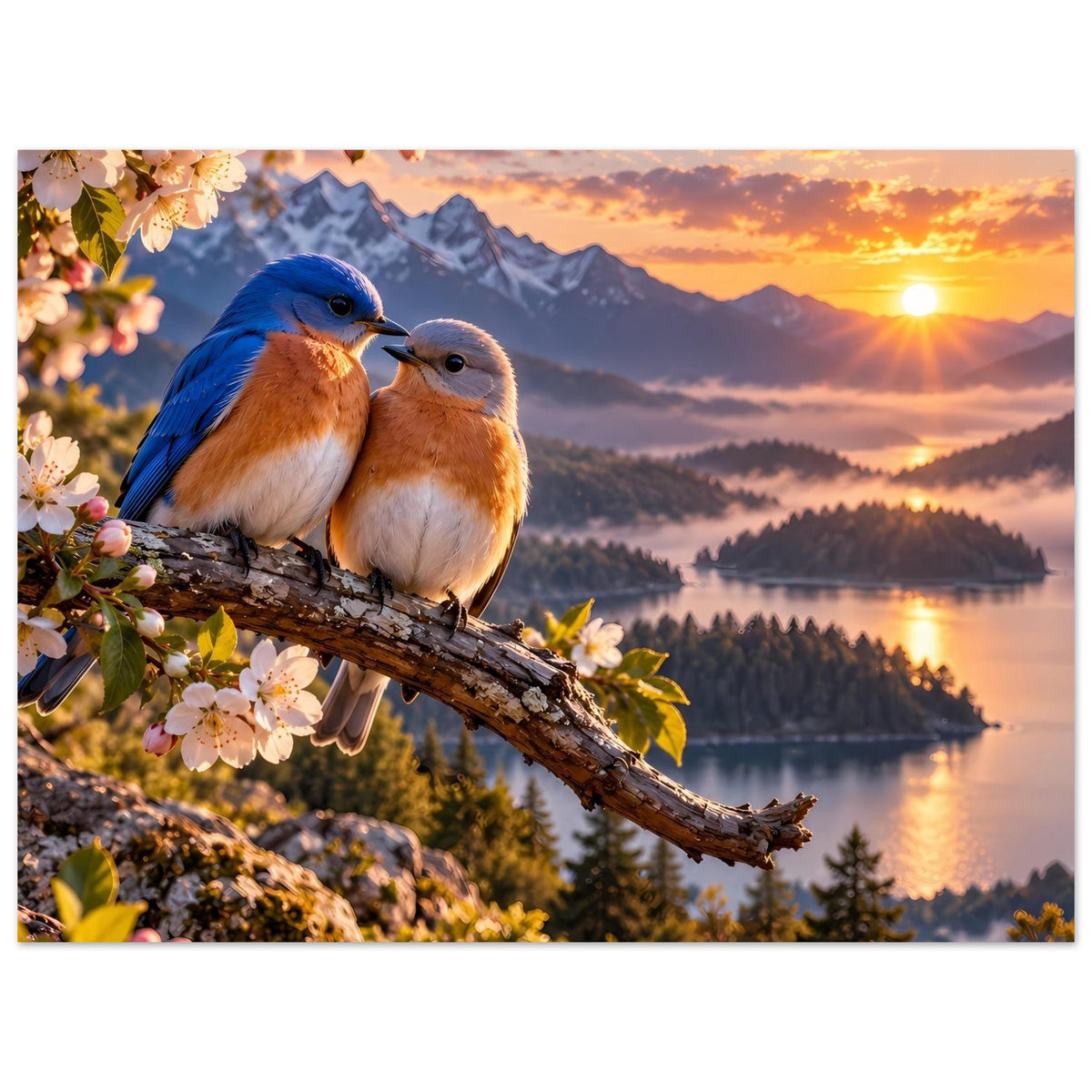 Poster mit zwei Vögeln auf Ast, Blüten im Vordergrund und Sonnenuntergang über Bergen