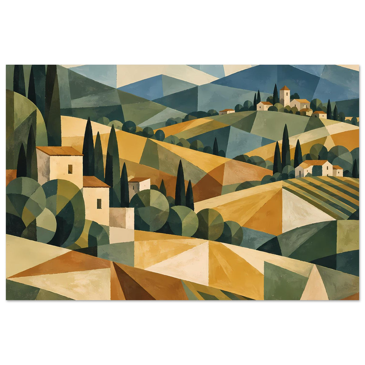 Poster im Querformat mit geometrischer Toscana-Landschaft, Sonnenkreis und Hügelkämmen in warmen Tönen