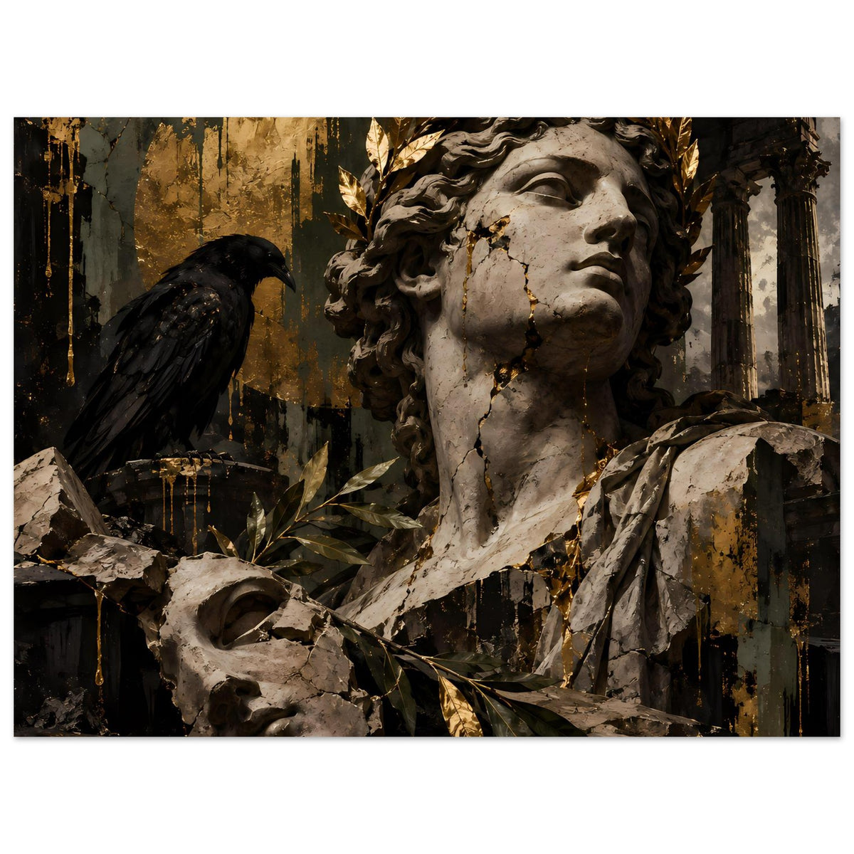Barockes Poster mit breiter Komposition: Statue im Profil, schwarzer Rabe, goldfarbene Ranken