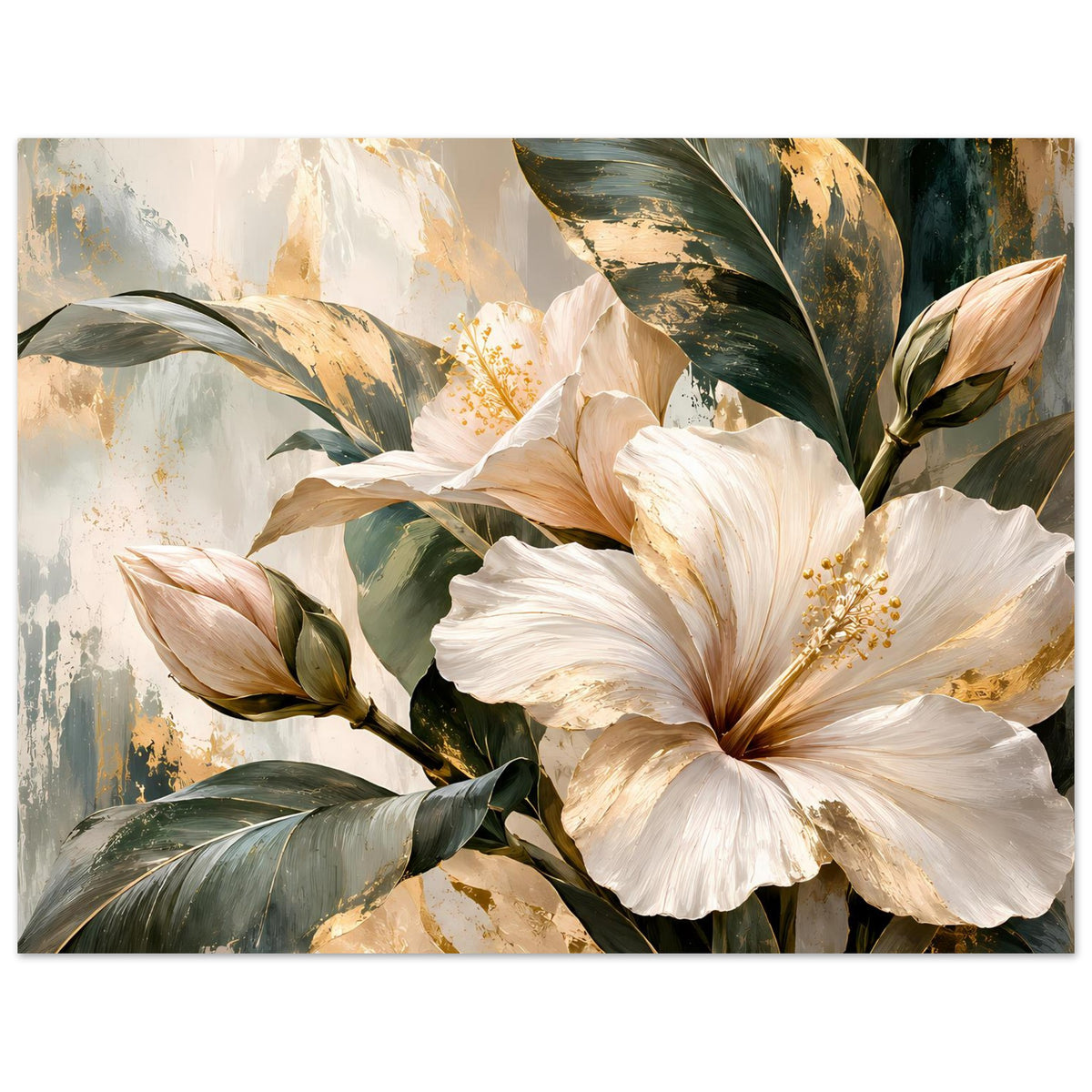 Gerahmtes Blumenposter mit weißen Blüten und goldenen Details, umgeben von dunkelgrünen Blättern