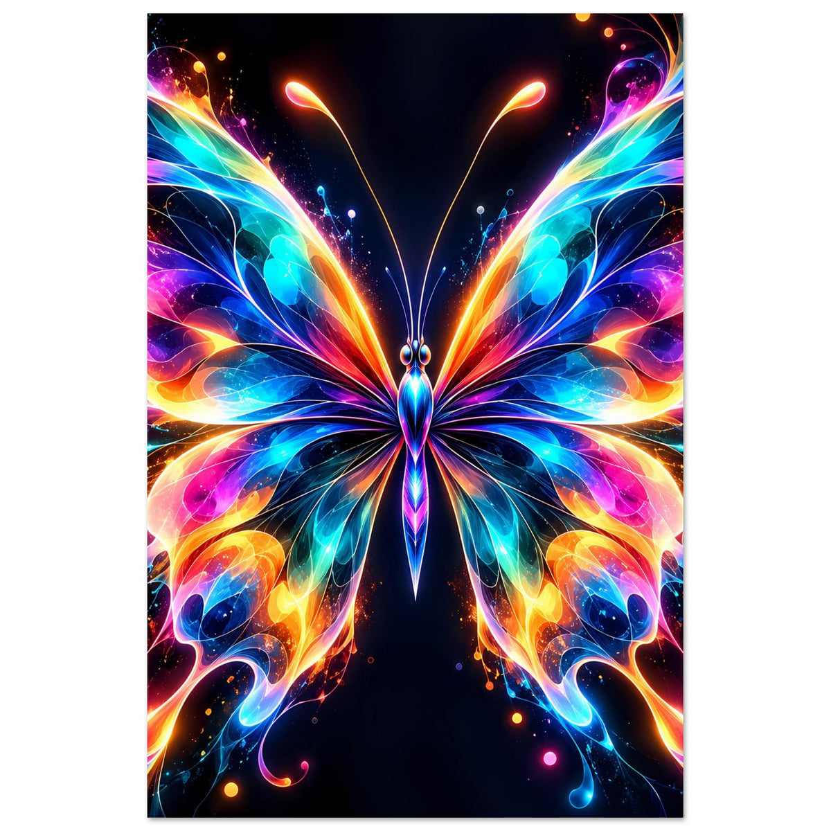Neon-Schmetterling-Poster im Hochformat, zentrierte Flügel mit glühenden Farbstreifen