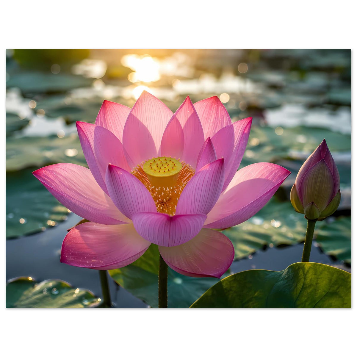Lotusblüten-Poster im Rahmen: pinke Blüte mit orangegelbem Zentrum und seitlicher Knospe