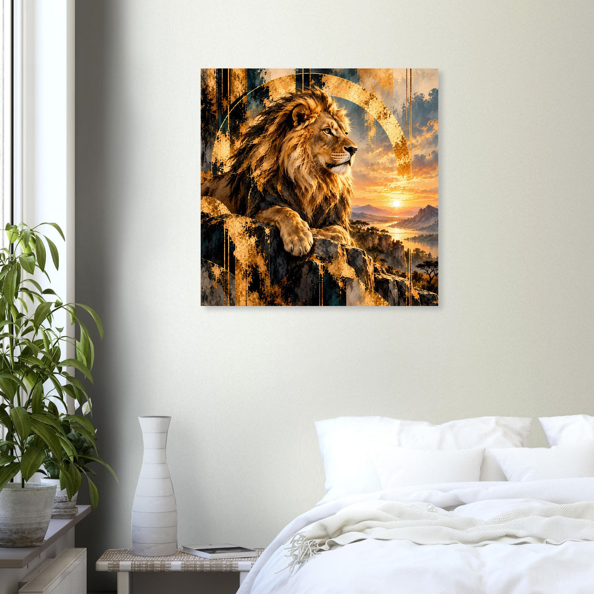 Quadratisches Wandposter mit brüllendem Löwen im Sonnenuntergang und goldenem Lichtring