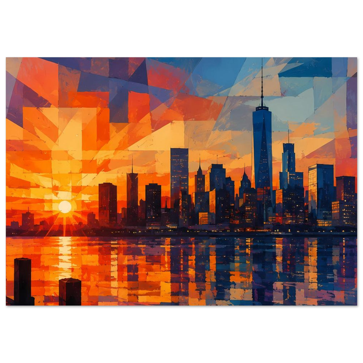 Horizontales Poster: geometrische Stadtlandschaft, orange Sonnenlicht, spiegelnde Wasserfläche