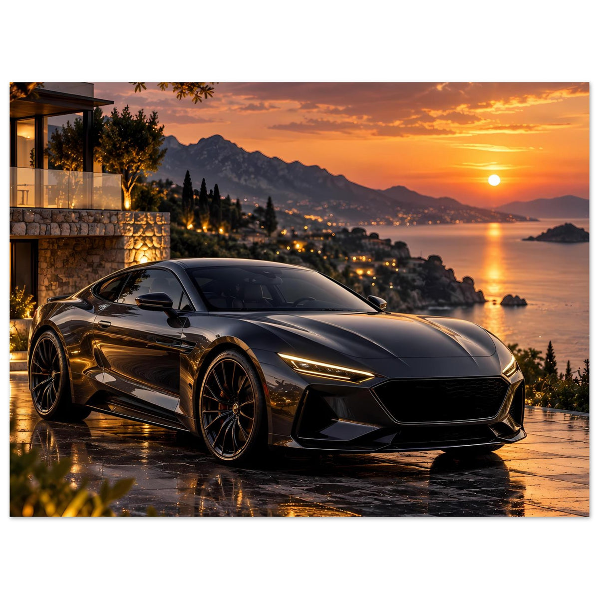 Poster mit Sportwagen bei Sonnenuntergang, Nahaufnahme von Motorhaube und Scheinwerfern, horizontal