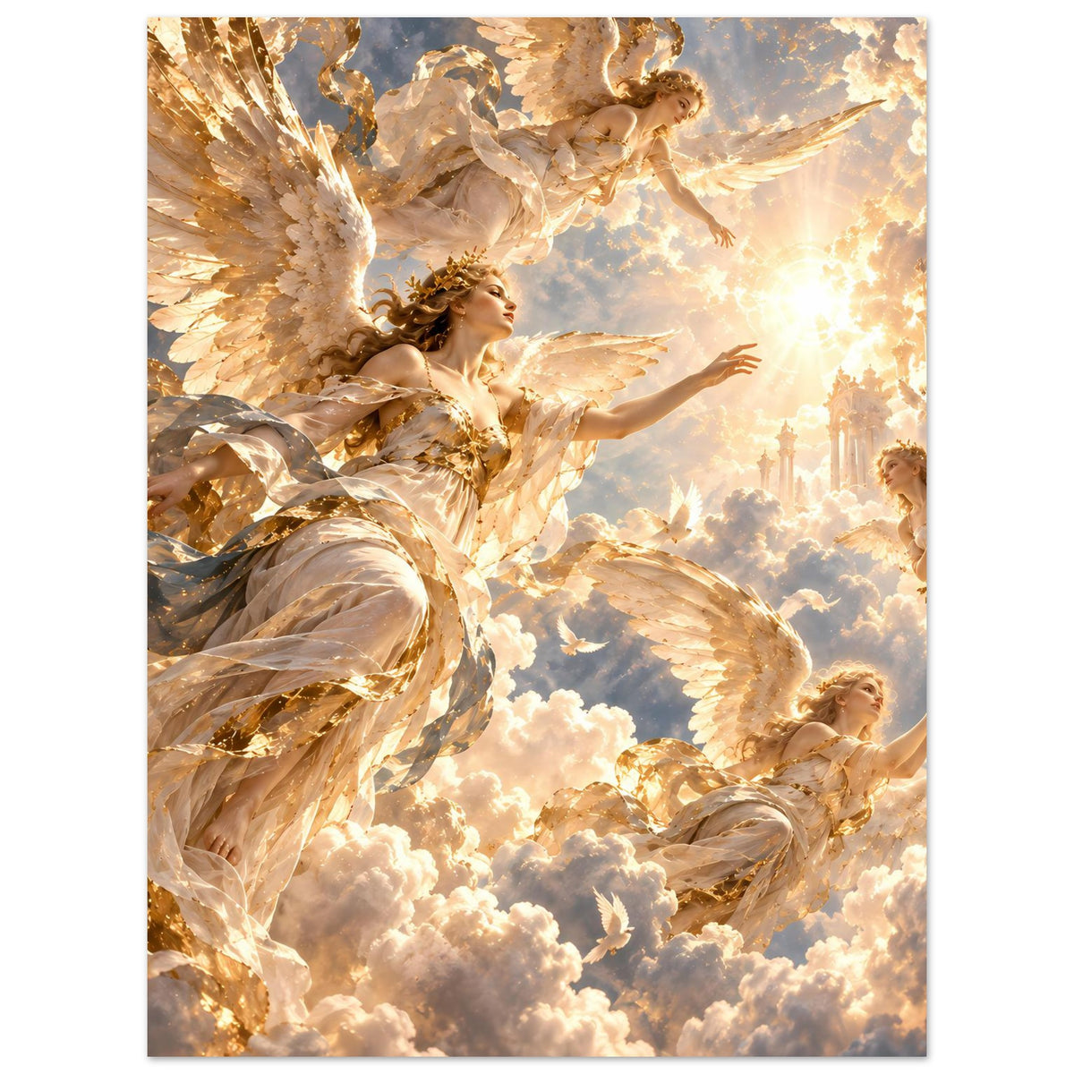 Engel auf Premium-Mattposter im Hochformat, goldene Ornamentdetails und Lichtstrahlen