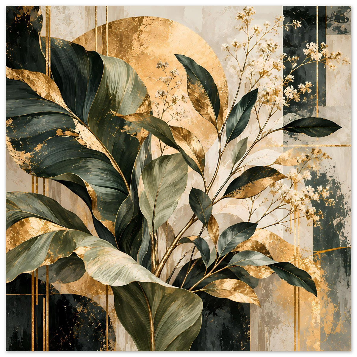 Poster mit Blatt- und Blütenzweigen in Grün, Gold und Beige, hochformatiger Blick mit Rand